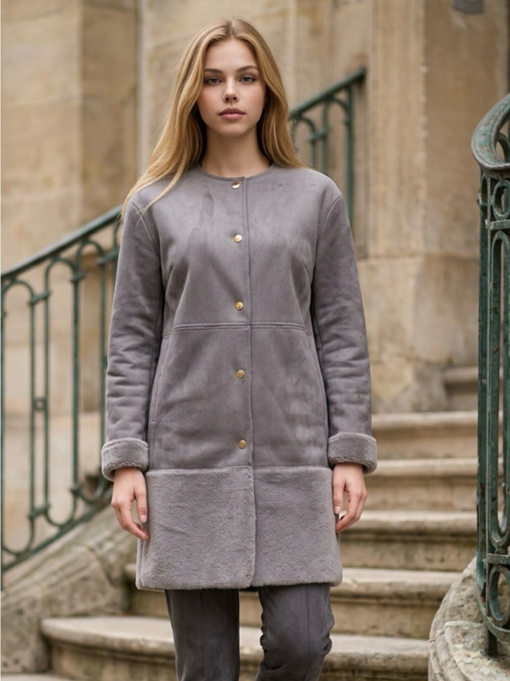 Women's Grey Faux Shearling Coat - Classic Longline Jacket